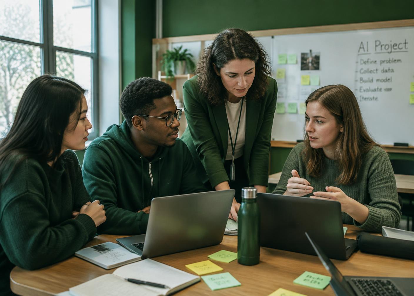 Equipo de alumnos trabajando en un proyecto de inteligencia artificial con su mentora